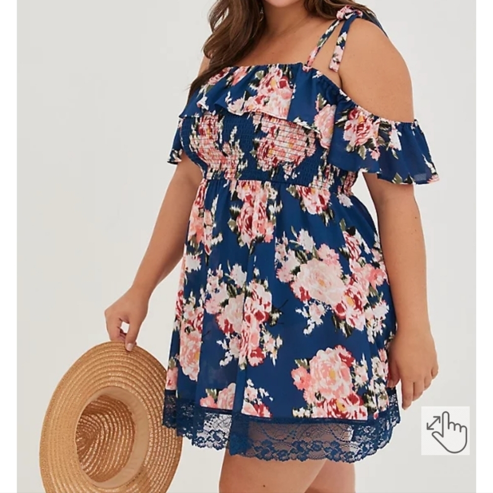 🆕️👗🩱BLUE FLORAL RUFFLE LACE TRIM SWIM COVERUP DRESS🩱👗 - Picture 3 of 7